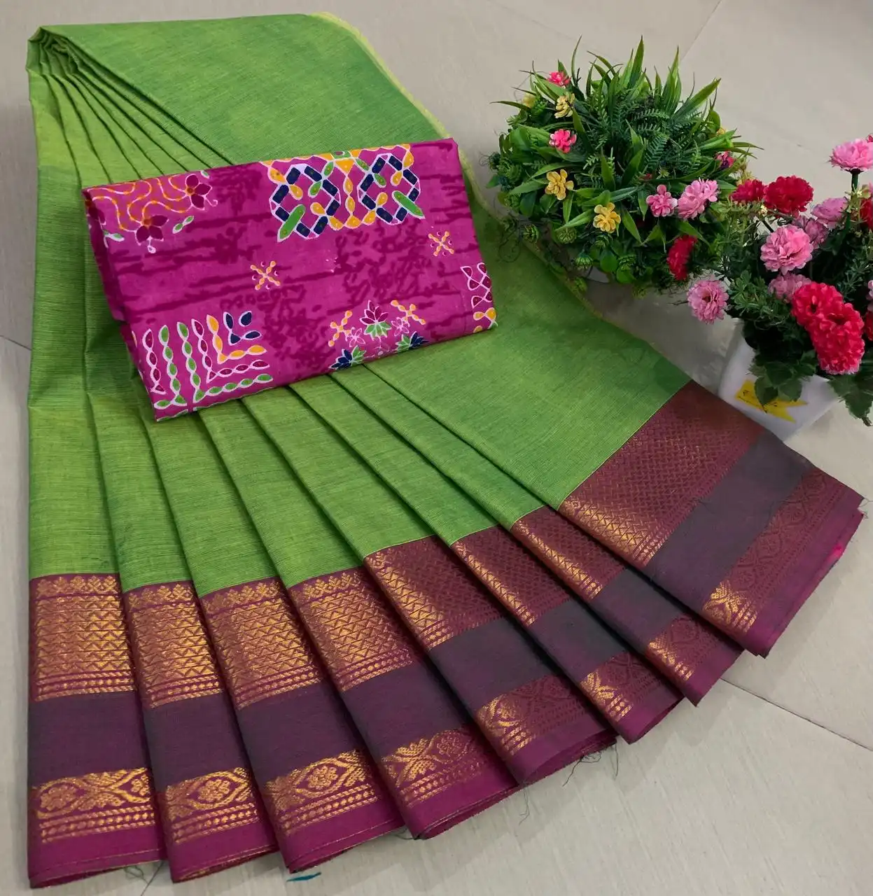 Light Green Magenta Contrast Zari Border  Pure Cotton Saree